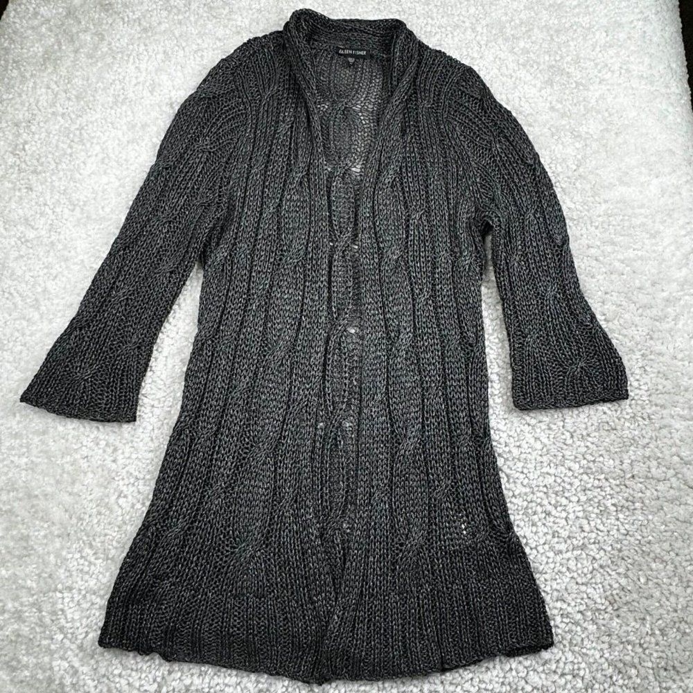 Eileen Fisher Gray Metallic Chunky Knit Cardigan Sweater